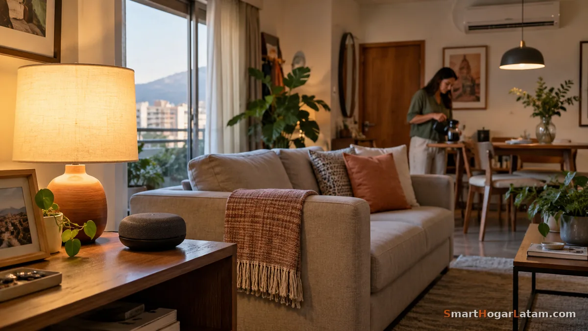 Echo redondo sobre una mesa de centro en una sala cálida al atardecer, con una lámpara encendida al lado