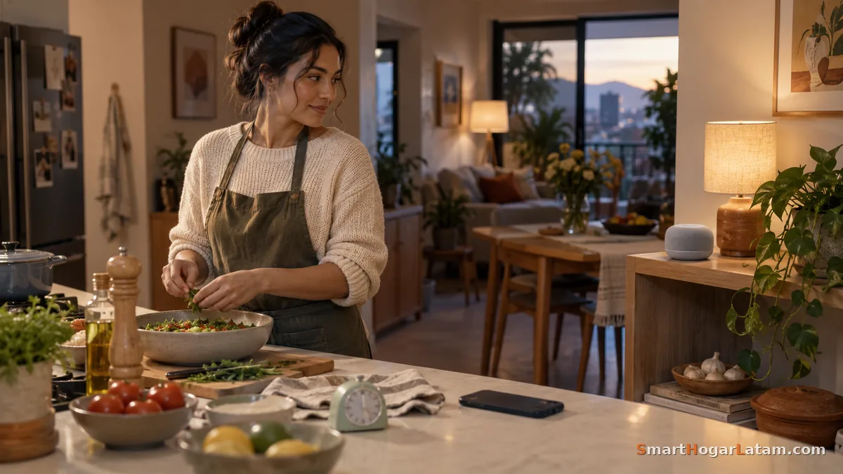 Mujer cocinando en la isla de la cocina, con un temporizador físico y el celular sobre la barra y un Echo al fondo de la sala