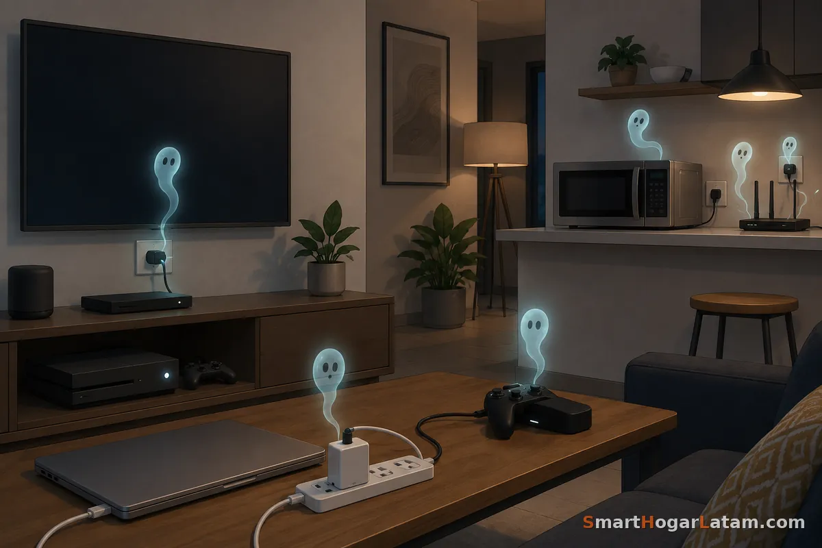 Dispositivos en modo standby consumiendo energía fantasma — TV, laptop y microondas enchufados sin usarse