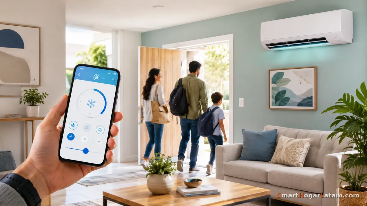 Familia saliendo de casa mientras controlan el aire acondicionado desde el teléfono