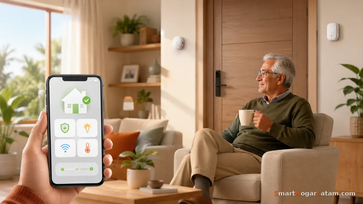 Adulto mayor en casa tranquilo mientras familiar monitorea su hogar inteligente desde el teléfono