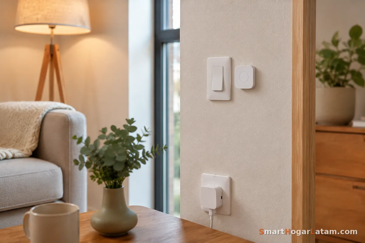 Enchufe inteligente, botón inalámbrico y sensor pegados en pared de departamento sin taladrar