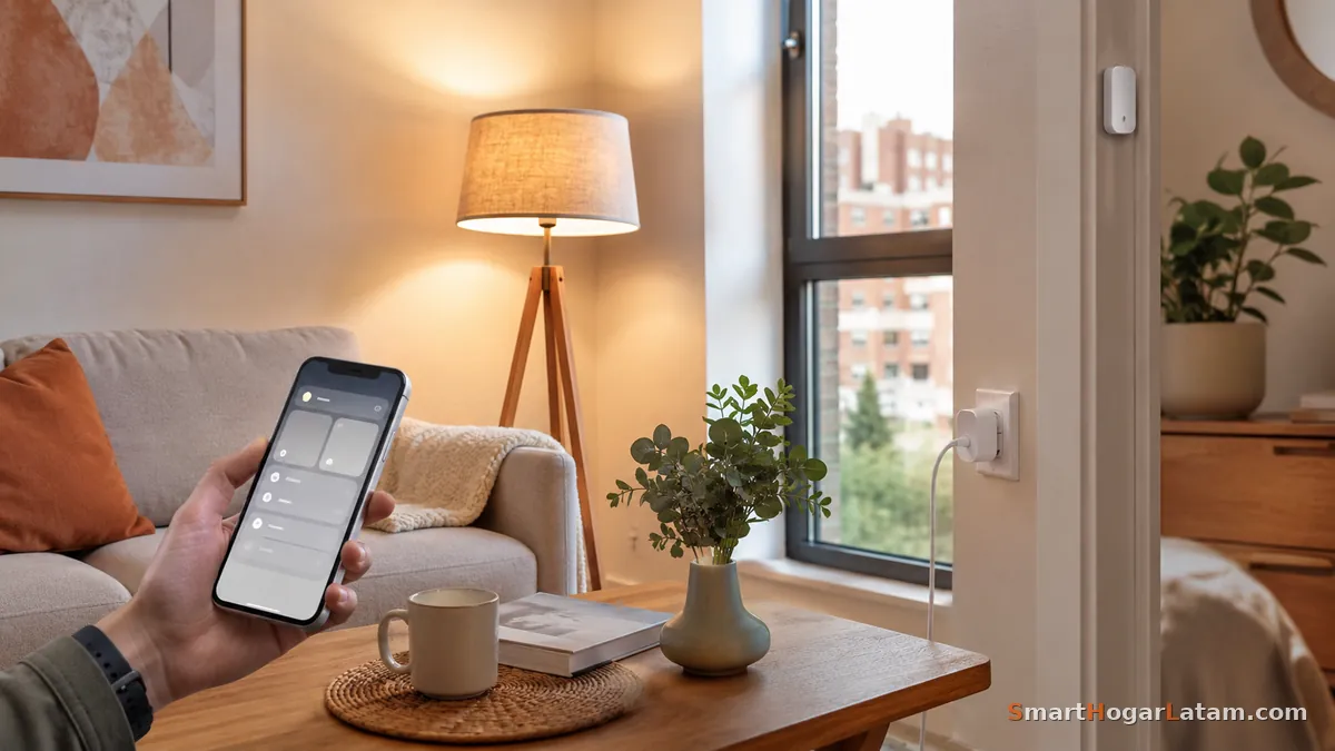 Mano sosteniendo teléfono con app de hogar inteligente en sala de apartamento en renta