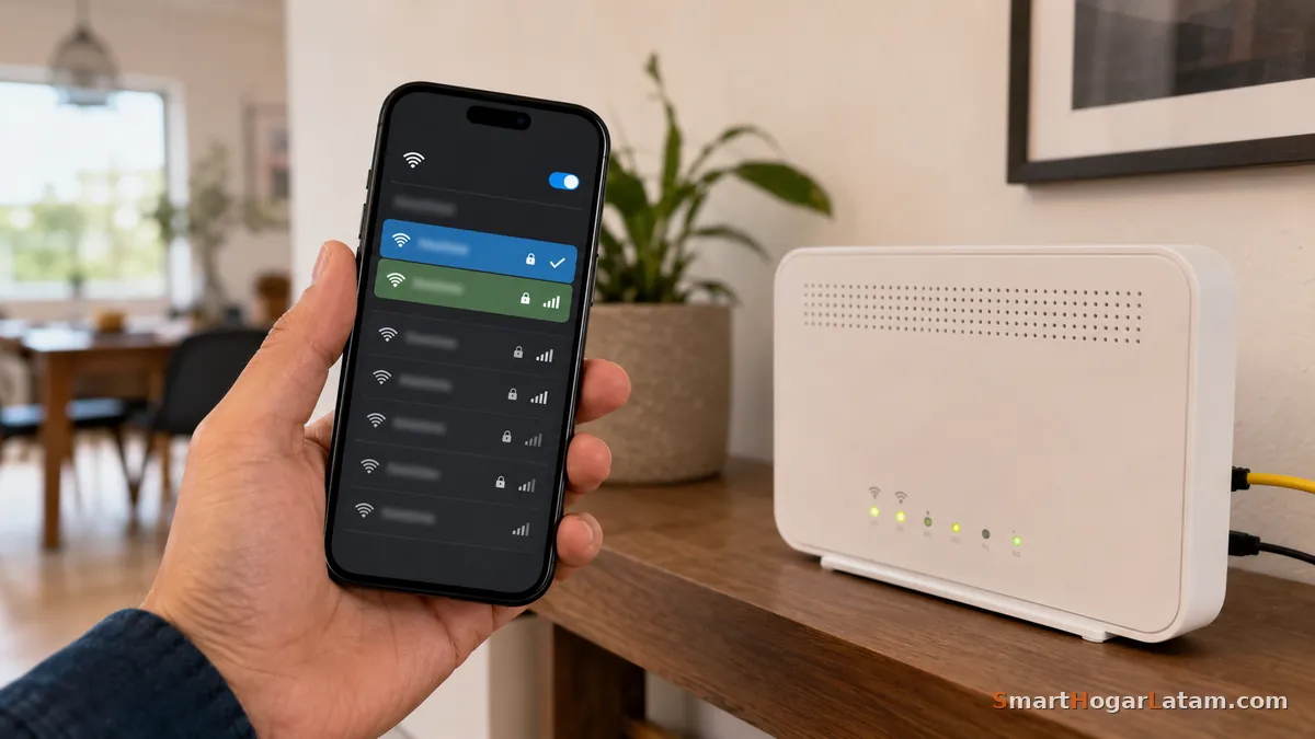 Teléfono mostrando redes WiFi junto a módem de ISP — separar banda 2.4 GHz para focos inteligentes