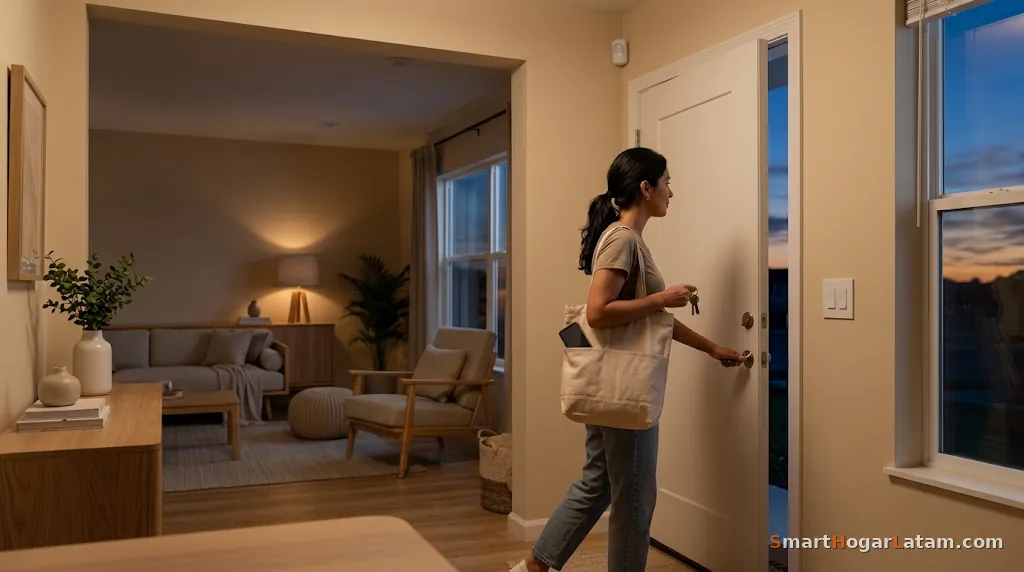 Mujer saliendo por la puerta principal al atardecer con las luces de la sala encendidas detrás de ella