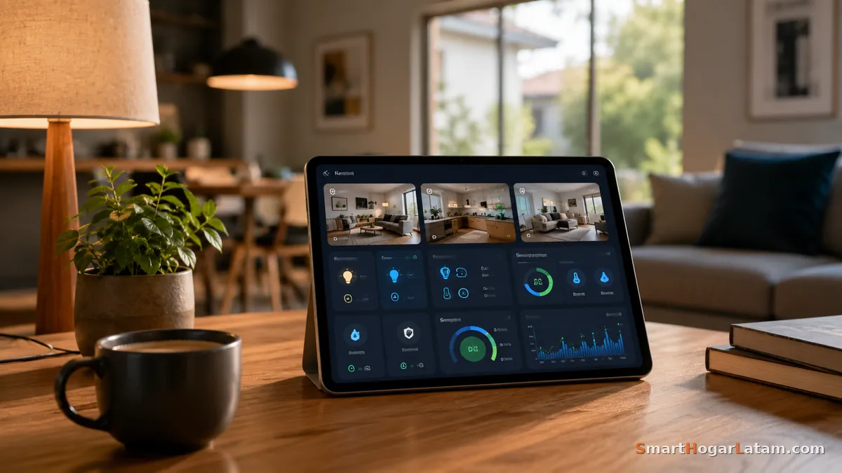 Tablet con dashboard de Home Assistant mostrando cámaras, controles y gráficas de consumo