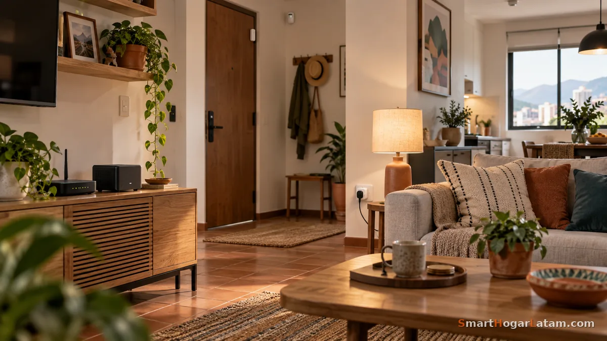 Sala de estar cálida con un router y un mini hub de Home Assistant sobre un mueble, un sensor de puerta en la entrada y un enchufe inteligente conectado a una lámpara, integrando los dispositivos de la casa