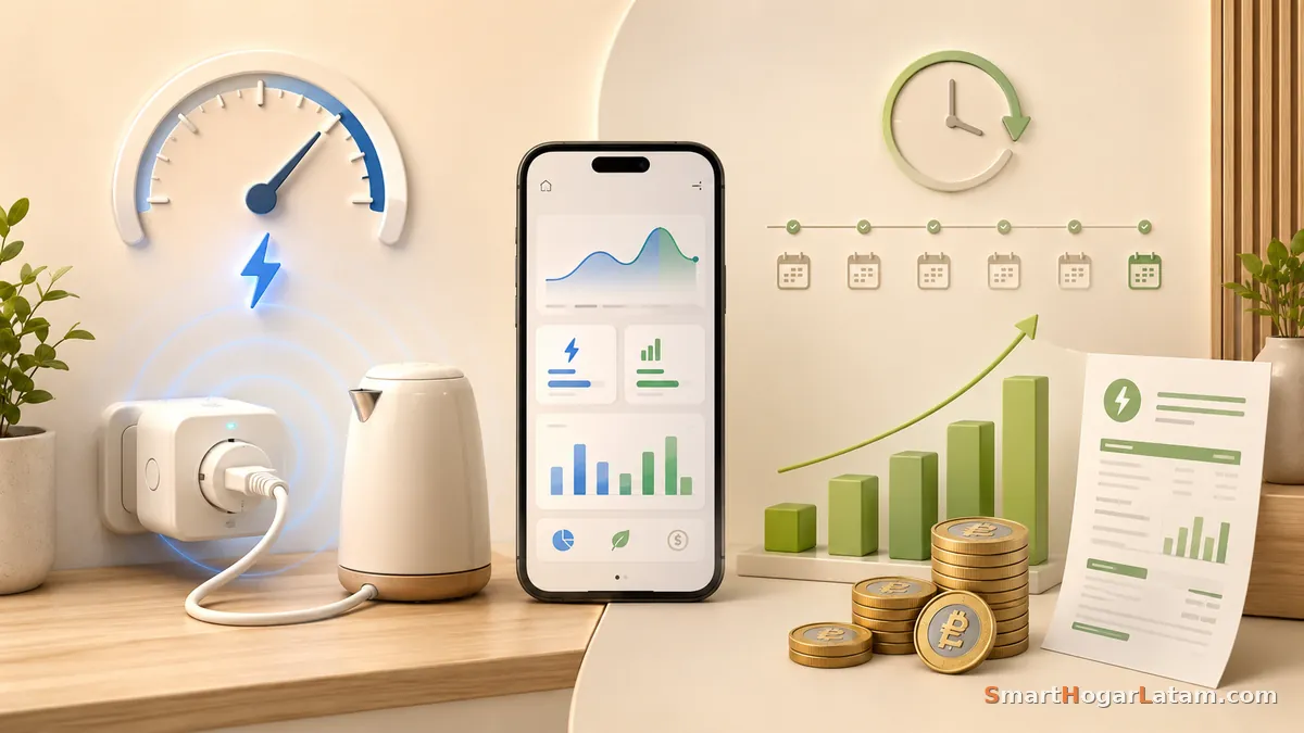Ilustración de un enchufe inteligente midiendo el consumo de una tetera, con un medidor de potencia, gráficas de consumo en el celular y una tendencia de ahorro creciente