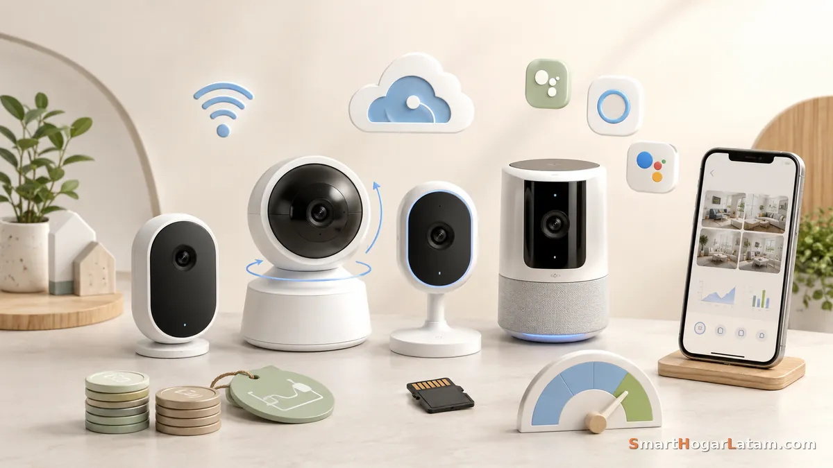 Línea de cámaras de seguridad inteligentes comparadas, con íconos de WiFi, nube, microSD y compatibilidad con asistentes de voz, junto a una app mostrando varias cámaras a la vez