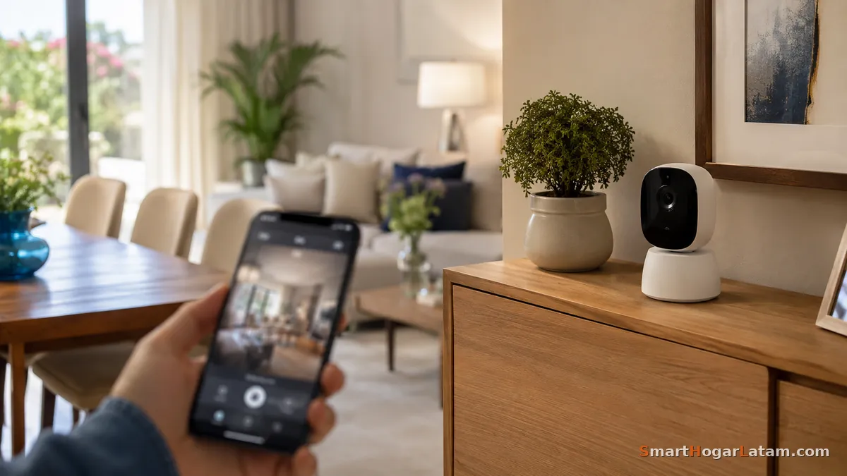 Cámara de seguridad inteligente sobre un mueble en la sala, con una mano sosteniendo el celular mostrando la app de video en vivo