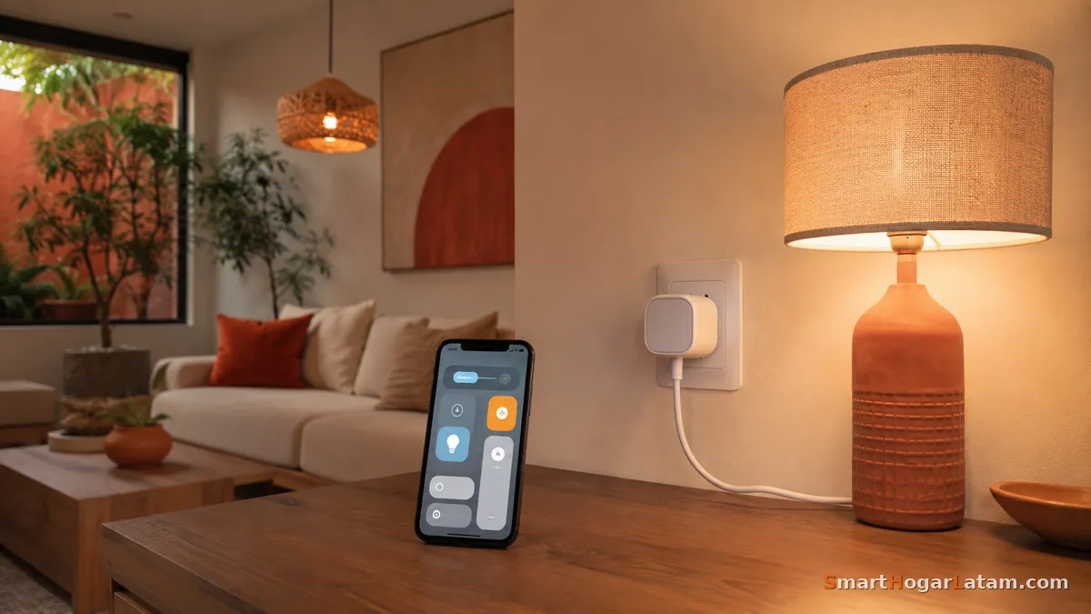 Enchufe inteligente instalado en sala con teléfono mostrando controles de domótica