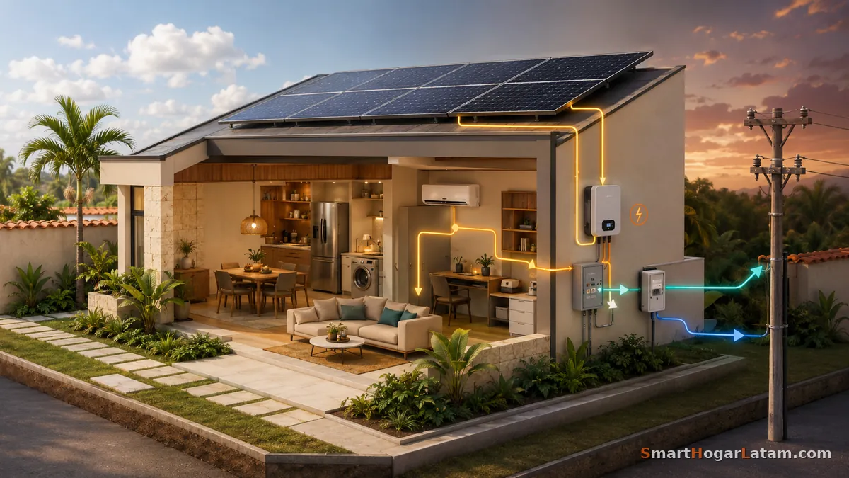 Diagrama del recorrido real de la energía en una casa con paneles solares: del panel al inversor, del inversor al tablero y los electrodomésticos, y el excedente saliendo por el medidor bidireccional hacia el poste de la red eléctrica