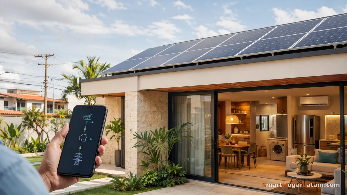 Casa en Latinoamérica con paneles solares en el techo; una mano sostiene un celular que muestra el flujo de energía entre el panel, la casa y la red eléctrica