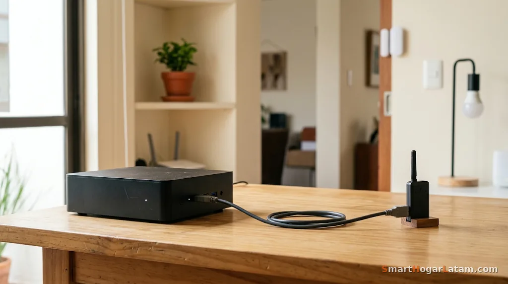 Antena/dongle USB Zigbee elevado sobre un cable extensor, lejos del mini PC, sobre una mesa de madera