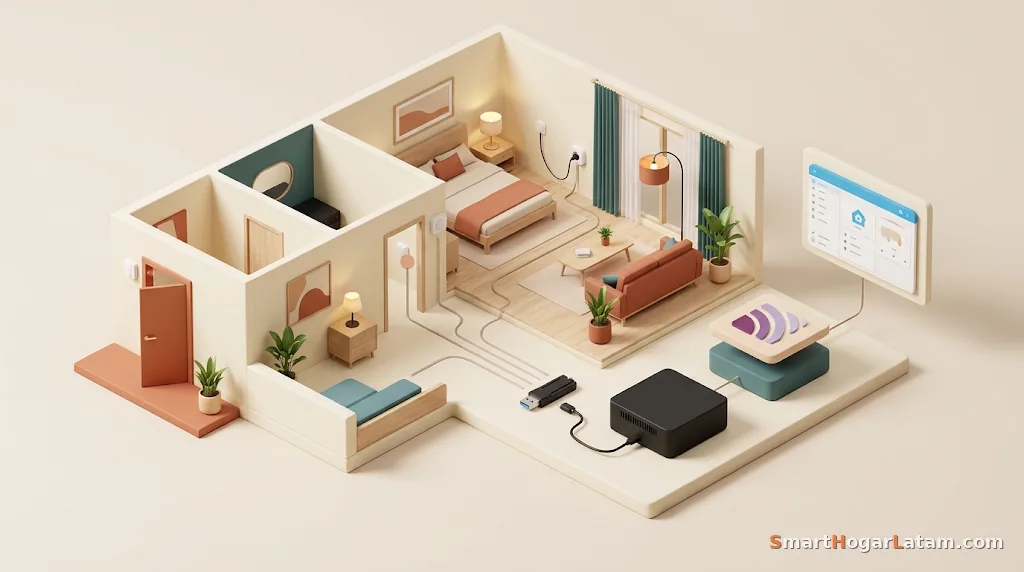 Casa en corte con dispositivos Zigbee en cada cuarto conectados a un dongle USB y un mini hub, que a su vez alimentan un panel de control con la lista de dispositivos