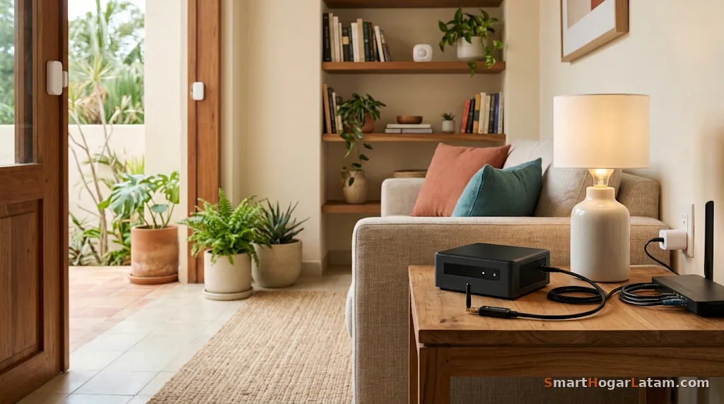 Sala de estar cálida con un mini PC y un dongle USB Zigbee sobre una mesa lateral, sensor de puerta en la entrada y un router de fondo