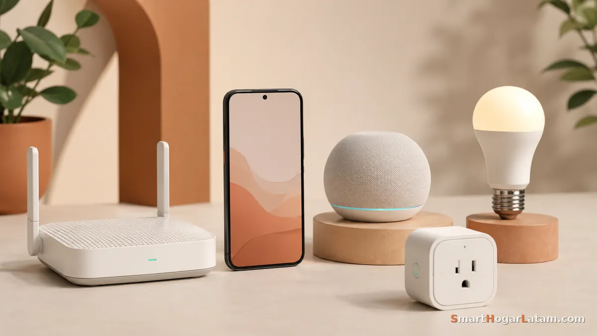 Kit básico de casa inteligente: router, teléfono, altavoz inteligente, foco y enchufe