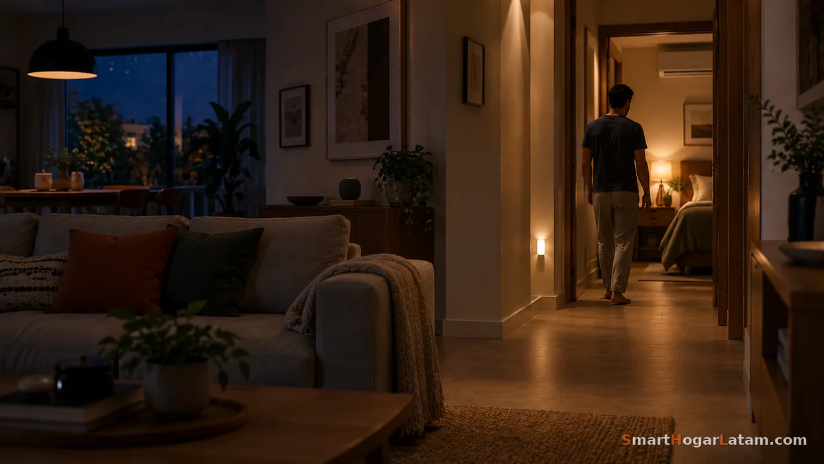 Hombre caminando de noche por el pasillo de su casa hacia la recámara, con una luz tenue guiando el paso mientras el resto de la sala queda en penumbra — la rutina de buenas noches en acción
