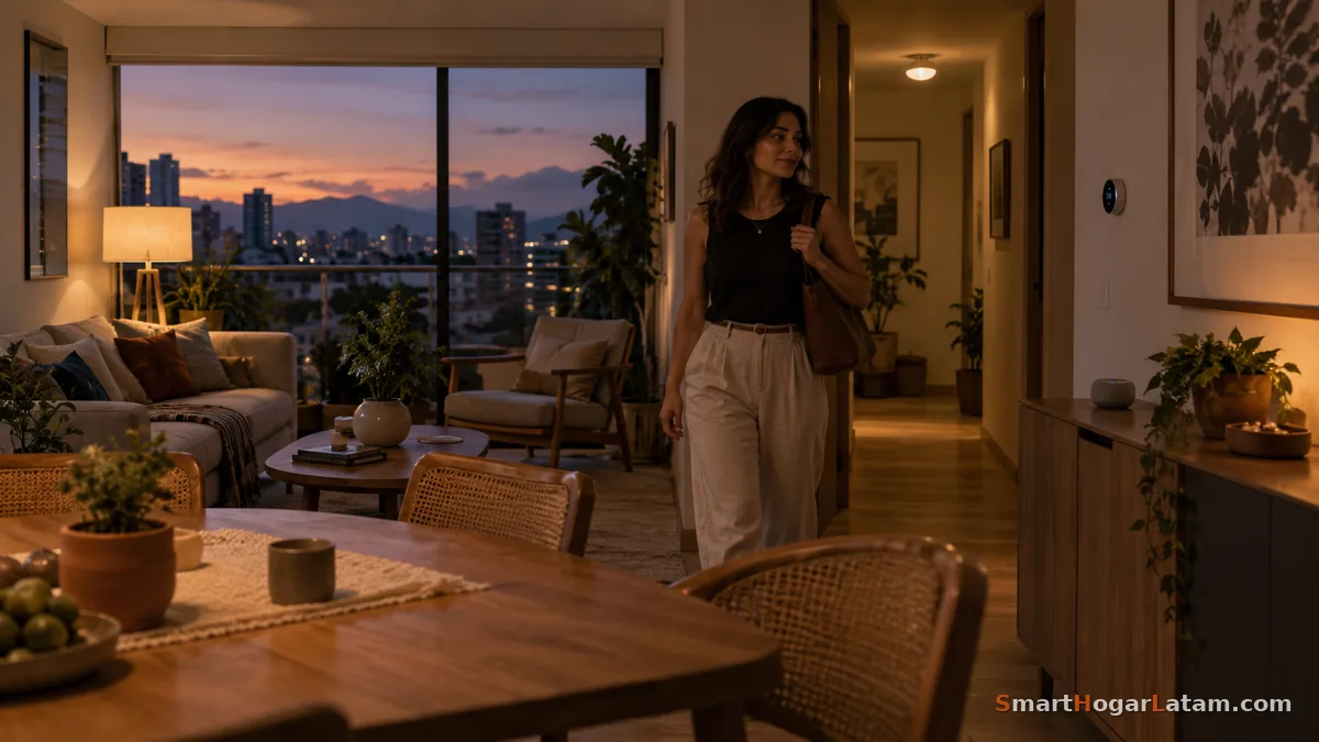 Mujer llegando a casa al atardecer, caminando hacia el pasillo mientras el termostato inteligente de la pared ya muestra la temperatura ajustada