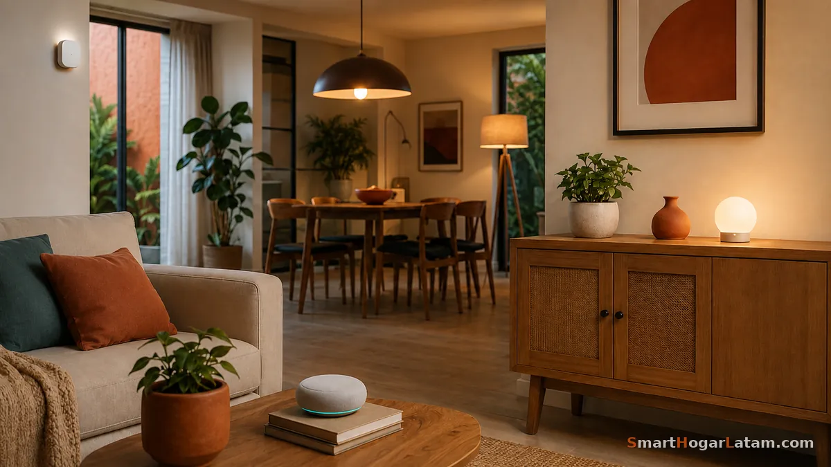 Sala de estar con un altavoz inteligente, un foco y un sensor conectados, ejemplo de una casa mezclando Matter over WiFi y Matter over Thread