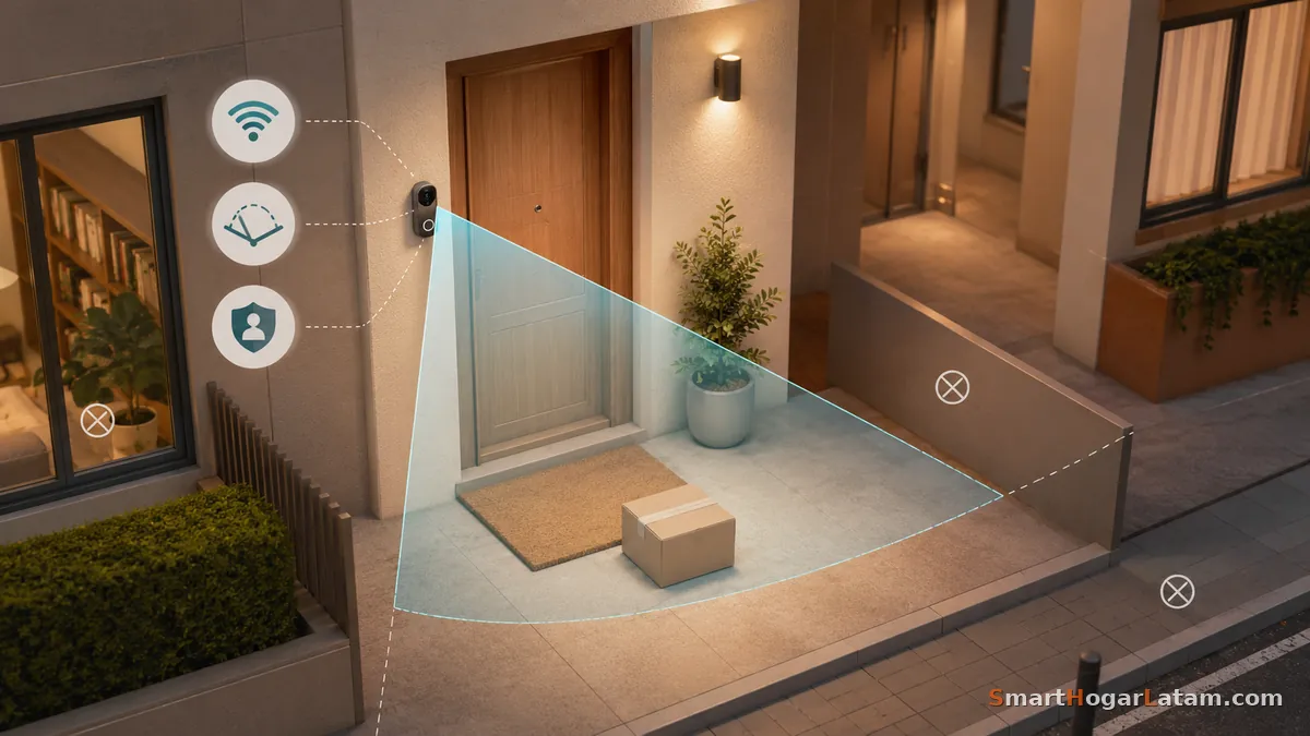 Ilustración de un timbre inteligente mostrando su campo de visión hacia la puerta y el paquete, con iconos de WiFi, ángulo de cámara y privacidad, y zonas marcadas como fuera del encuadre hacia los vecinos