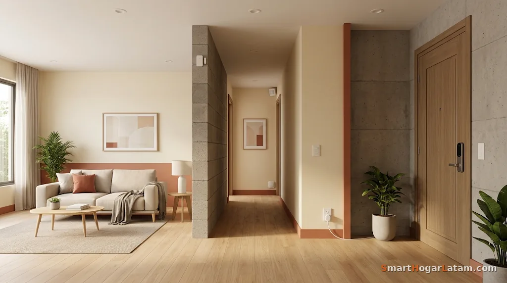 Pasillo con paredes de block y concreto expuesto, con una cerradura inteligente y sensores Zigbee visibles junto a la puerta principal
