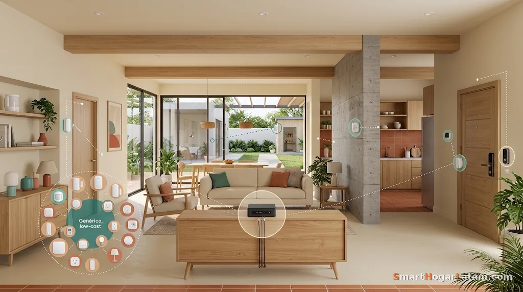 Casa con un catálogo de dispositivos genéricos y económicos conectados a un hub central, representando el ecosistema barato que domina las compras en Latinoamérica